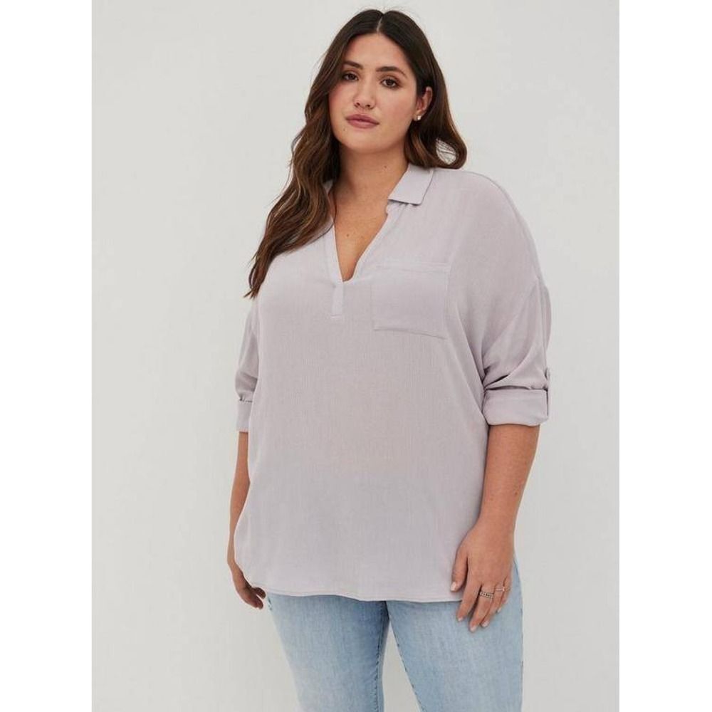 Torrid Womens Size 2X Purple Gauze Long Sleeve Collared Button Tab Tunic Top